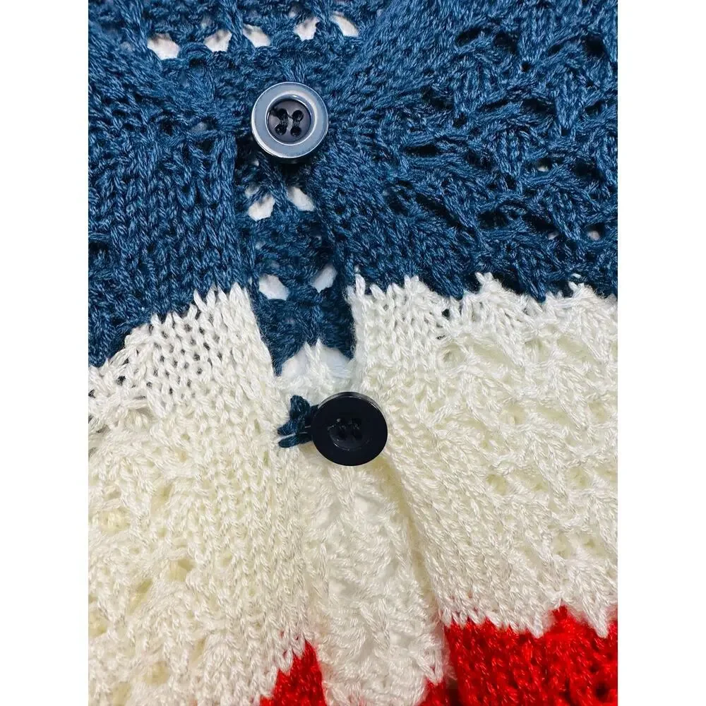 33 Degrees Crochet Cropped Striped Cardigan Sweater with Bell Sleeves Sz Medium - Picture 4 of 6
